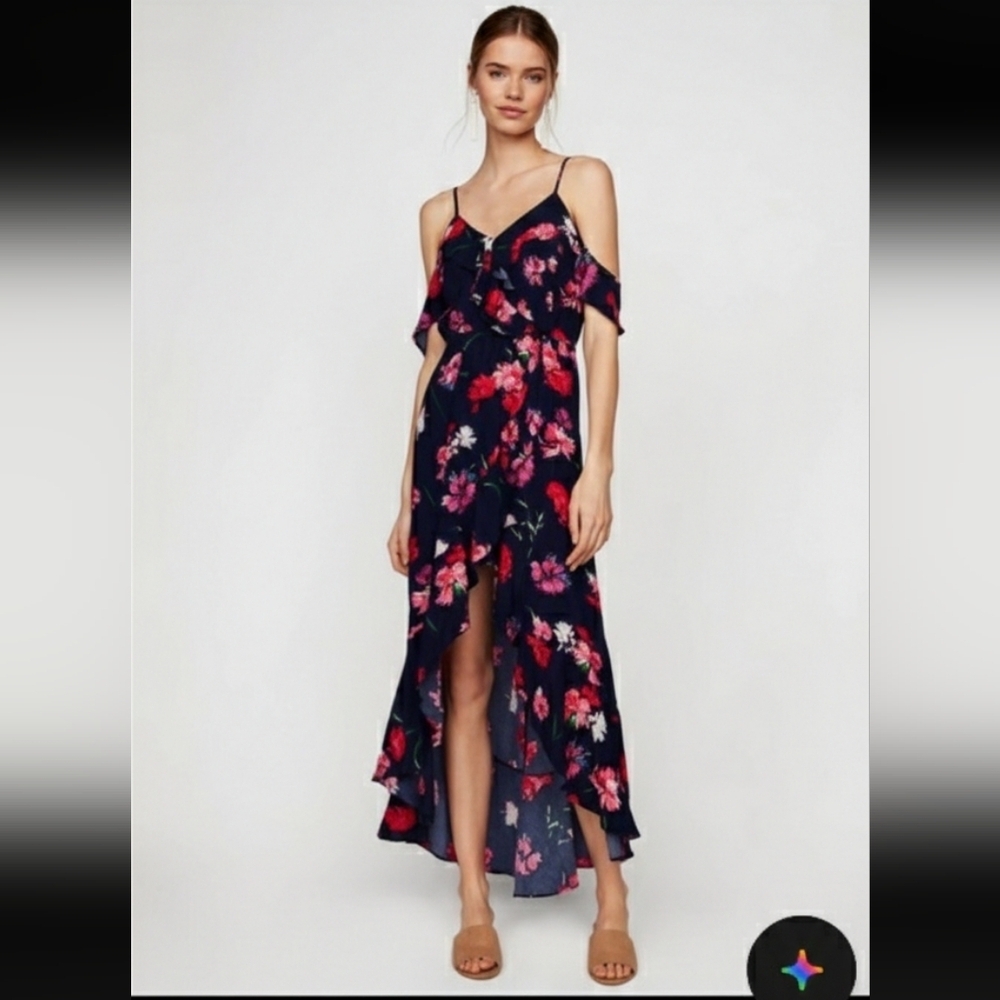 Express Floral Maxi Dress Small Blue Pink Ruffle High Low Wrap Faux Summer Boho